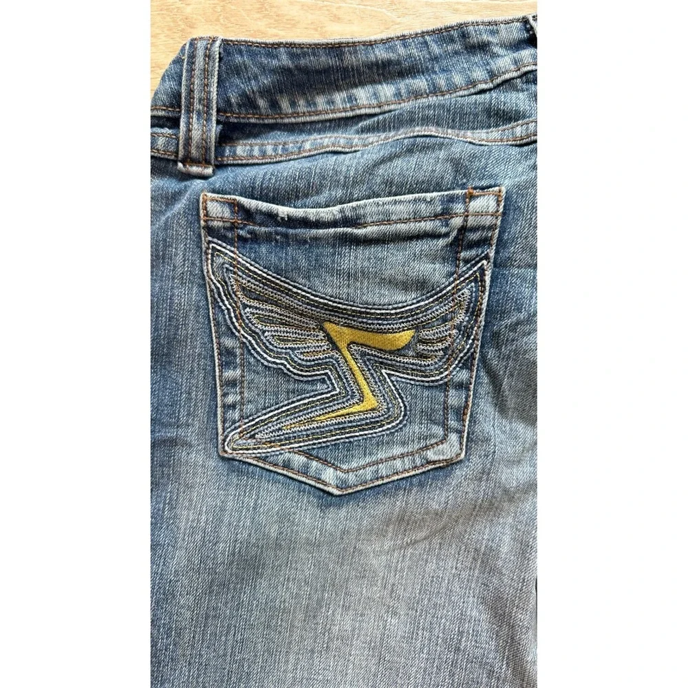 Y2K Low Rise Capri Denim Jeans Women Junior 7  Washed Embroidered Wing Pocket